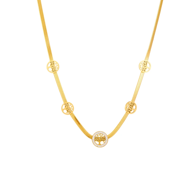 DIEYURO 316L Stainless Steel Gold Color Round Tree Choker Necklace For Women Girl New Trend Flat Snake Chain Waterproof Jewelry