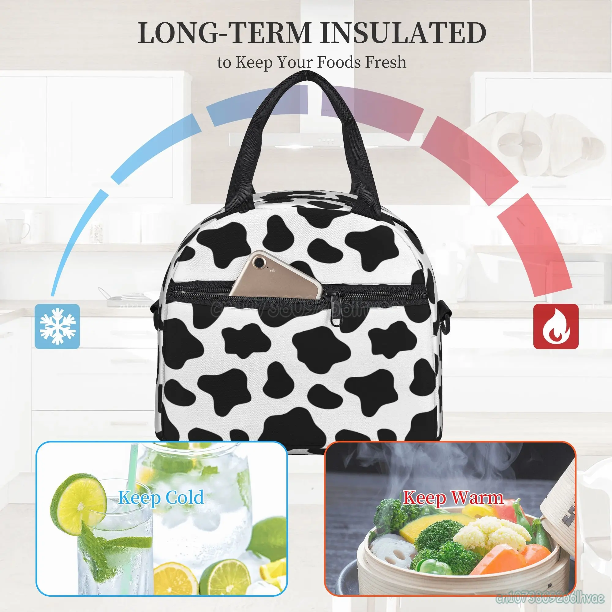 Cow Pattern Insulated Lunch Bag Thermal Lunch Box Waterproof Bento Bags Single Shoulder Portable Tote Bag for Work School Picnic