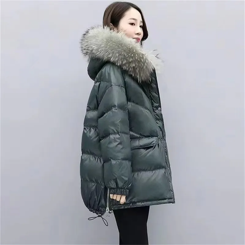 Piumino da donna in cotone 2024 nuova giacca spessa allentata coreana di media lunghezza collo di pelliccia con cappuccio invernale parka femminile