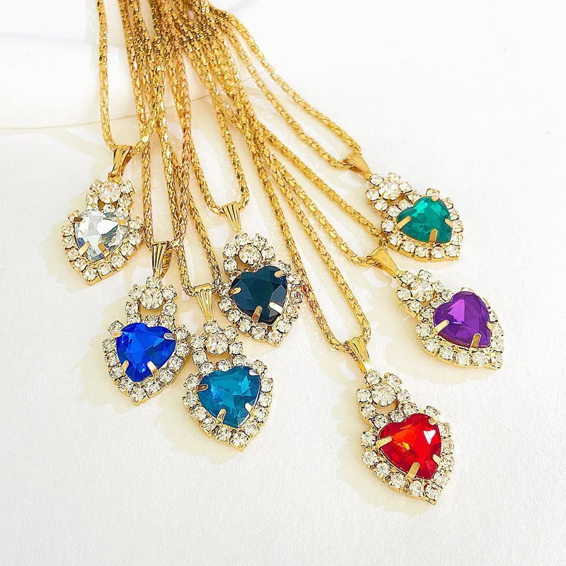 Colorful Love Rhinestone Necklace Earrings Ring Three Piece Set for Women Fashion Daily Accessory Party Jewelry Birthday Gifts