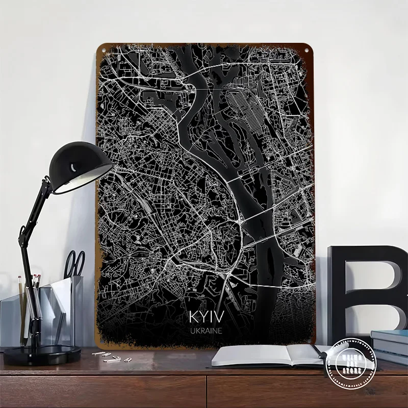 Kyiv Map Black Kiev Tinplate Posters Customizable Wall Art Retro Vintage Metal Signs for Home Room Gamer Decoration Gaming Cozy