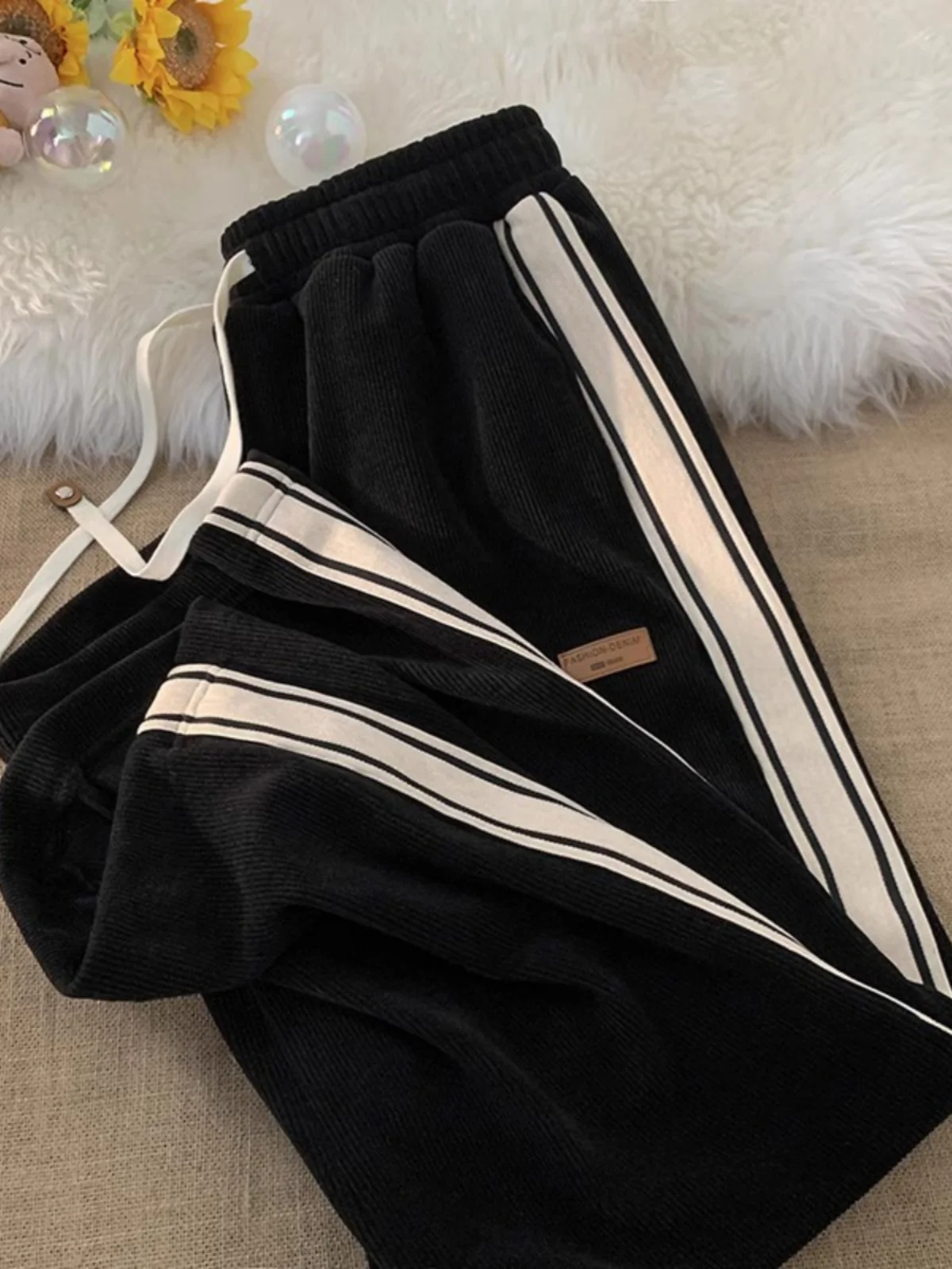 

Men's Corduroy Pants Autumn Winter Trendy Brand Fce Lined Loose Casual Sweatpants Straight Leg Sport Pants