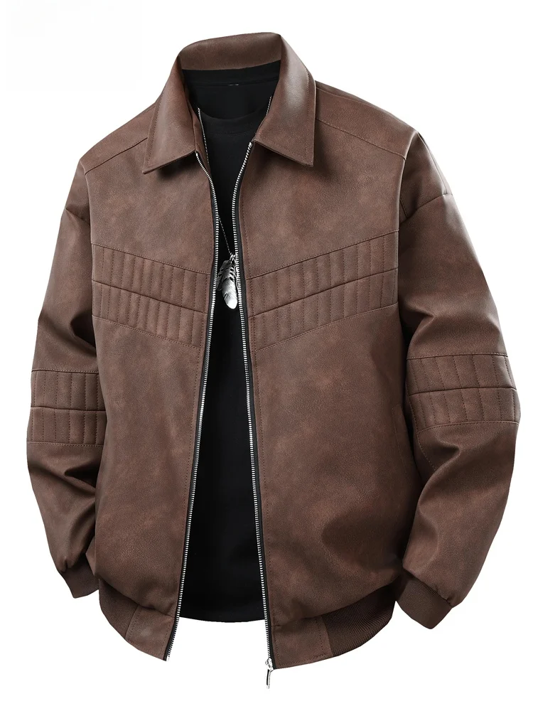 

Spirit Men's Leather Jaet Collared Coat Faionable Urban Sle Autumn New Arrival Loose Fit Long Sve Zipper Closure