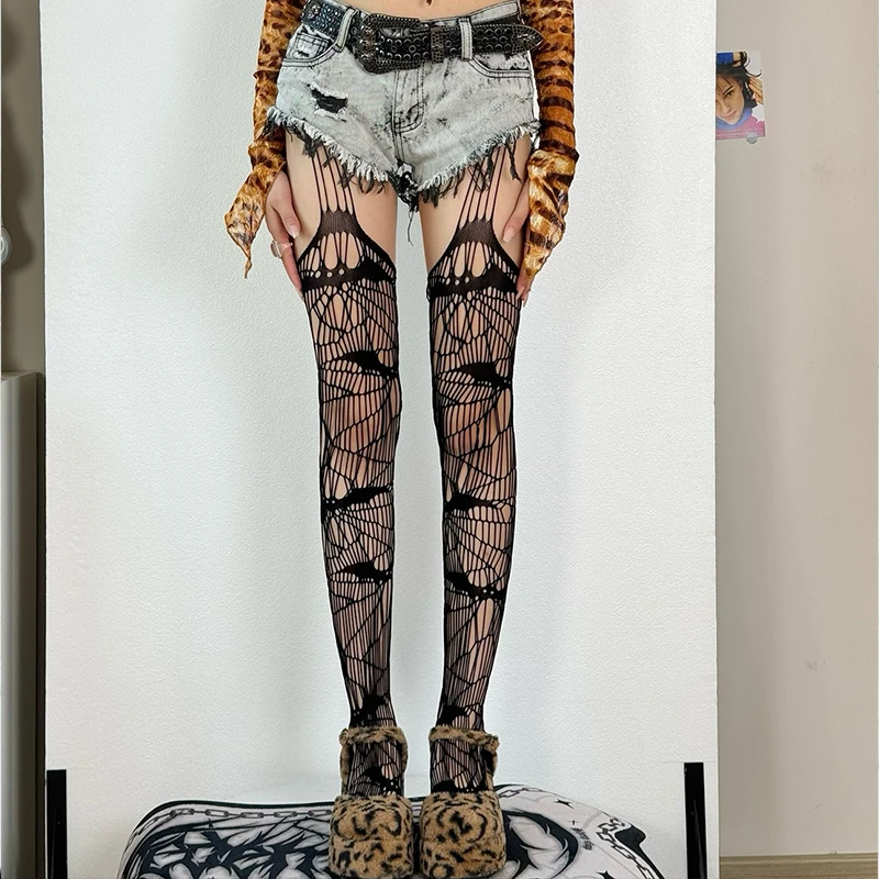 Female Vintage Fishnet Lace Pattern Tights Women Sexy Hollow Out Geometric Jacquard Pantyhose Anti-pilling JK woman Legging