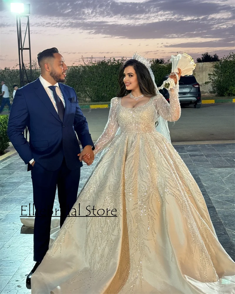 Modest Ivory Wedding Dresses For Brides 2025 Sequin Bridal Gowns Long Sleeves Luxury Arabic Dubai Vestido De Noiva Customized