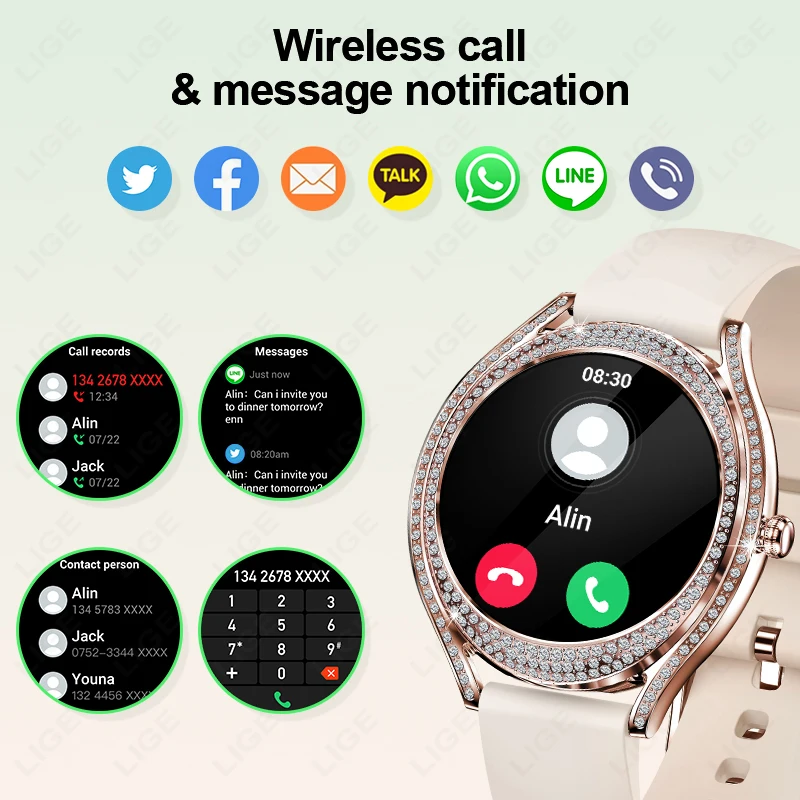 LIGE New Women Smart Watch 1.28 Inch Sports Fitness Bracelet BT HD Calling Clock Waterproof Diamond Case Fashion Smartwatch 2024