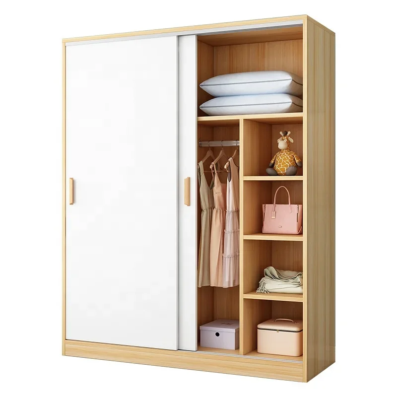 

#Sliding door wardrobe modern simple solid wood rental home bedroom simple cabinet hanging wardrobe