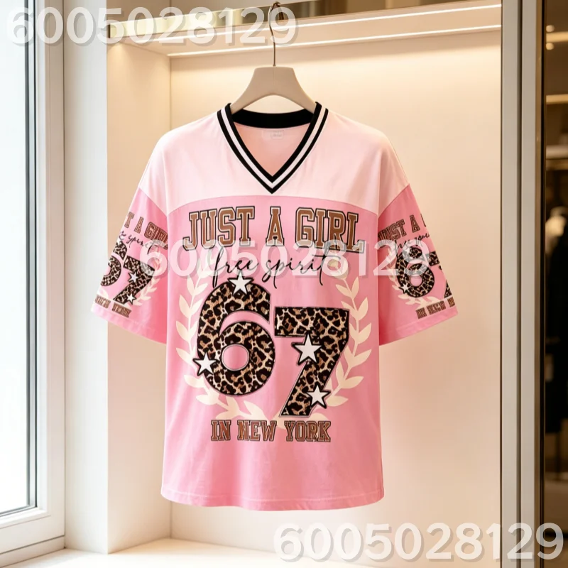 Six Seven Just A Girl in New York American Retro Leopard Print Jersey T-Shirt Breathable Casual Streetwear Fans Family Kids Tees
