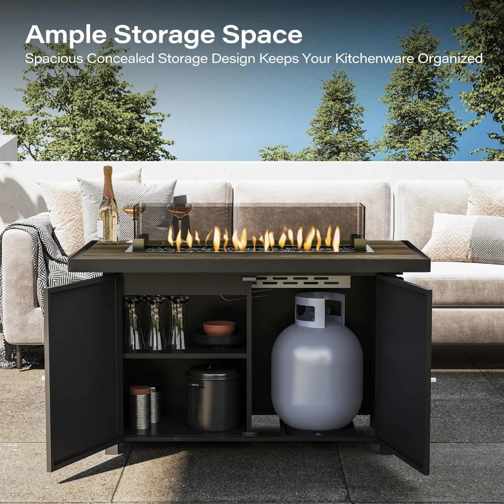 طاولة حفرة نار من البروبان مقاس 43 بوصة مع غطاء وموقد غاز بقدرة 55,000 وحدة حرارية بريطانية للفناء الخارجي، وواقي من الرياح الزجاجي، وفيني رمادي لامع #6