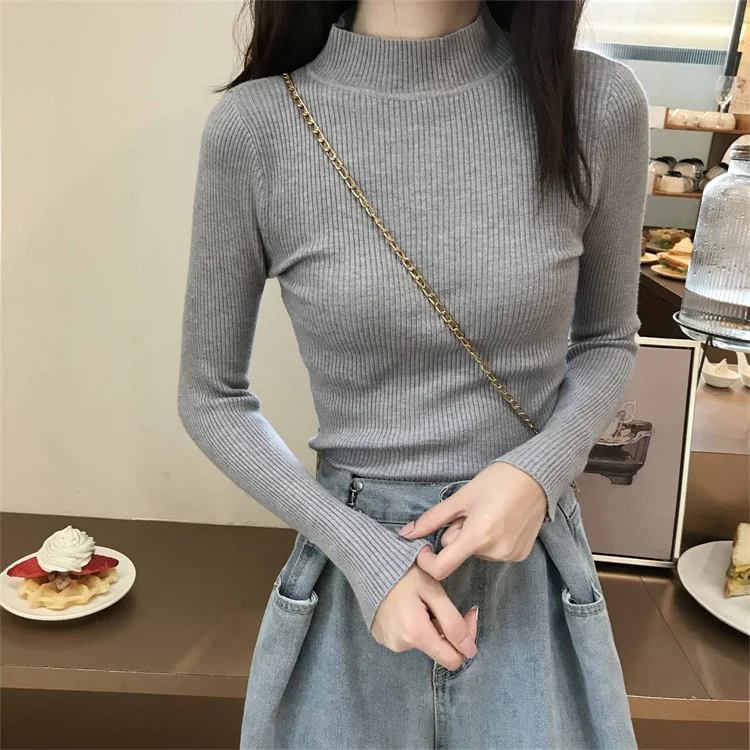 Autumn Winter Mock Neck Women Sweater Basic Solid Knitted Tops Casual Slim Pullover Korean Sweaters Simple Chic Jumpers 2024