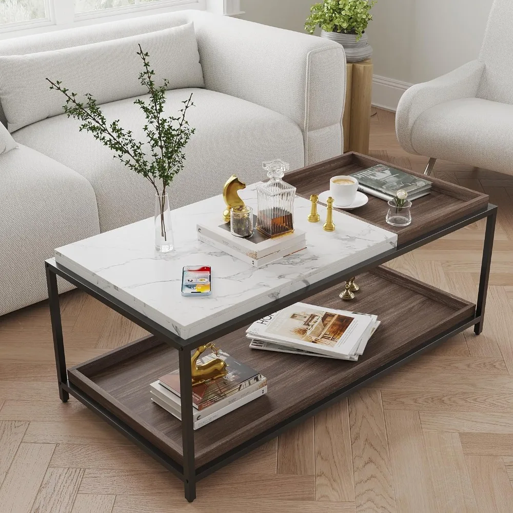 

Convertible Entertaining Coffee Table - Coffee Table with 2 Removable Trays, Faux Marble Texture, 47 Living Room Table