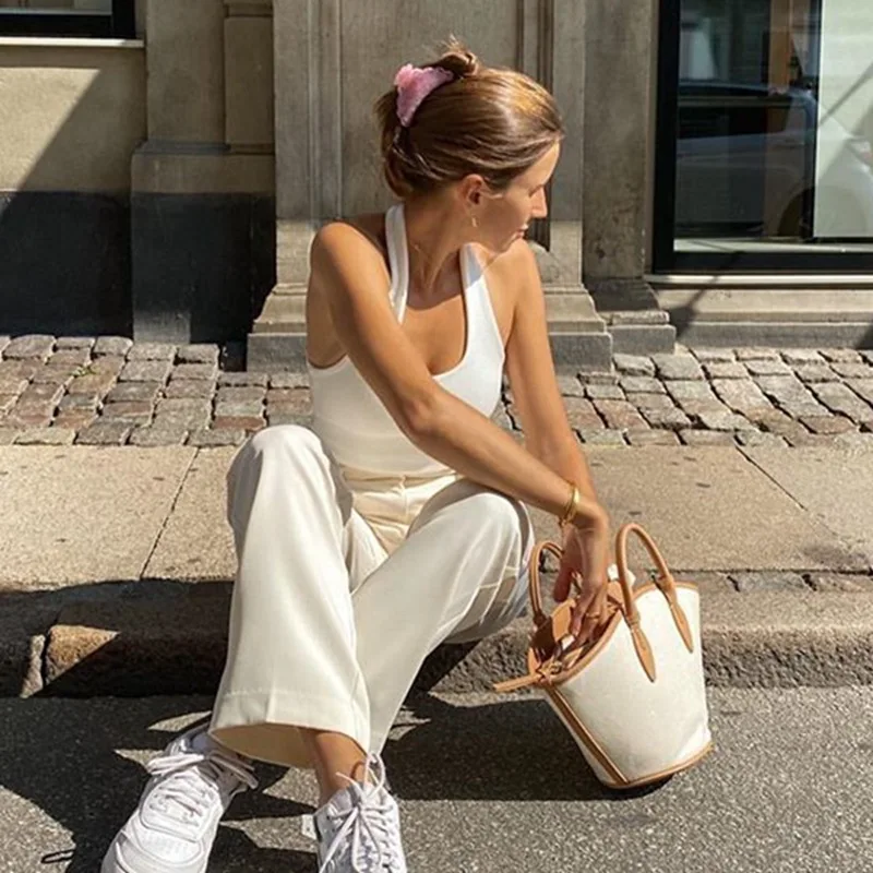 White Halter Sexy Backless Tank Tops for Women Streetwear 2023 Sleeveless Ribbed Knit Vest Top Cropped Feminino