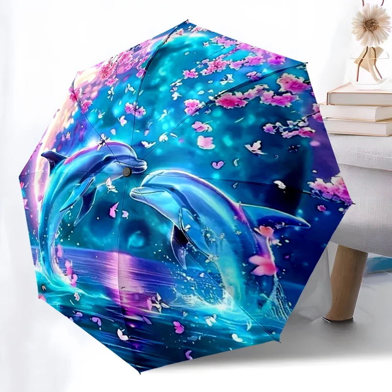 

Зонт с двумя цветками дельфинов, автоматическое открытие/закрытие, прочная железная рама и структура из 8 лент, зонт для женщин и мужчин, рождественский подарок