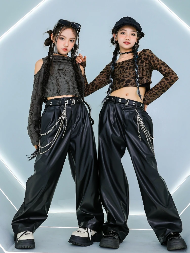 

Girls Hip Hop Dance Clothes Long Sleeves Tops Black Leather Pants Cool Jazz Performance Suit Stage Wear Kpop Clothing BL13596