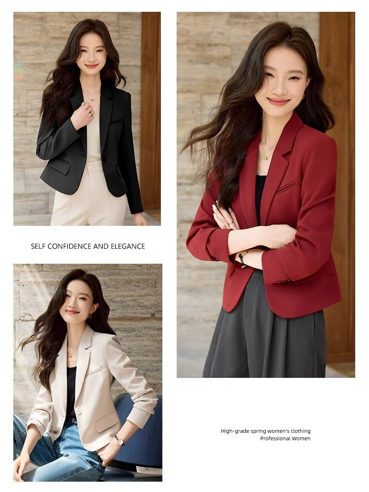 Elegant Wine Red Short Ladies'  Jacket Autumn 2026 New Style Fashion Sensation Slim Fit Business Commute Polyester