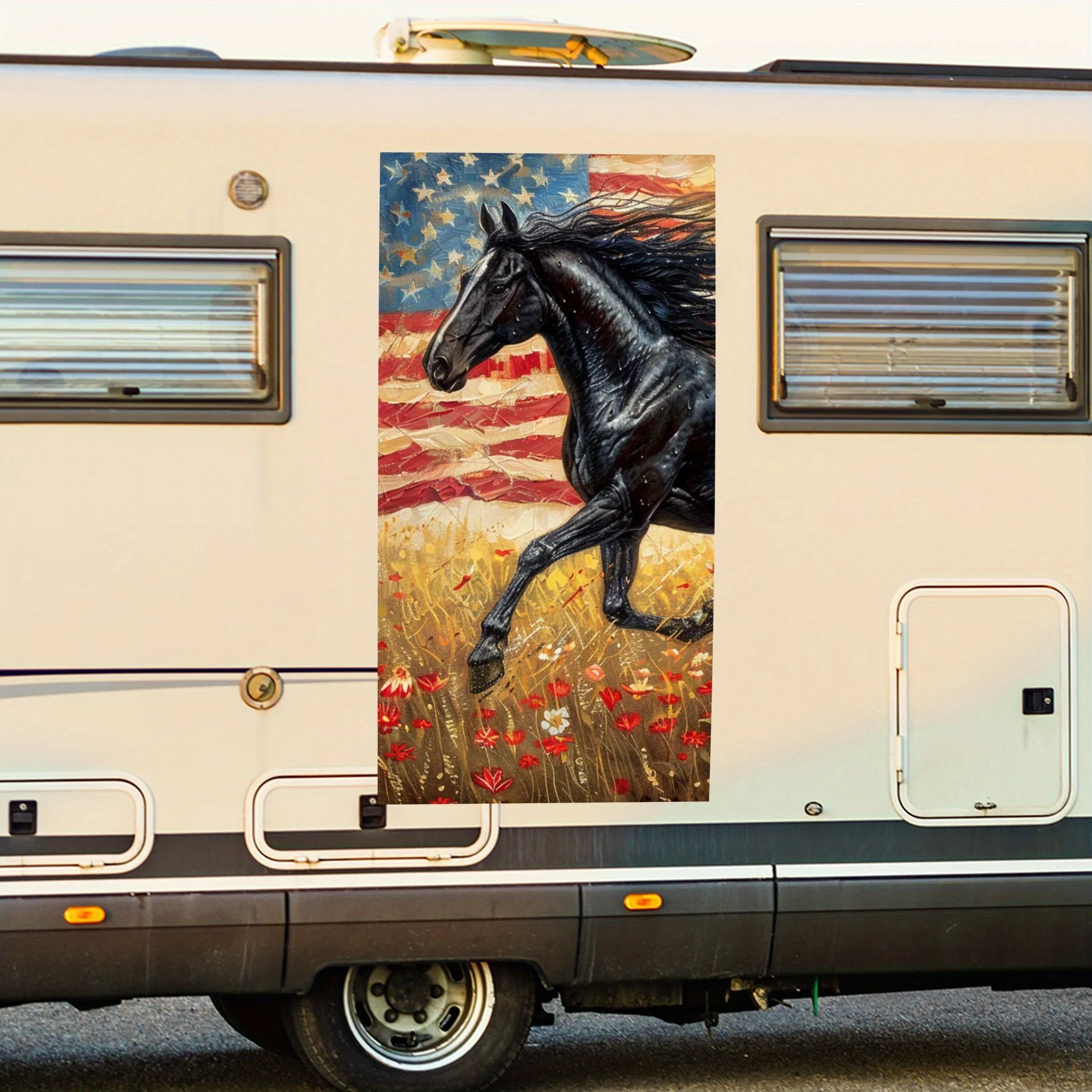 

Наклейка с изображением лошади с американским флагом, виниловая наклейка для двери автомобиля на колесах, водонепроницаемые самоклеящиеся виниловые наклейки для хвоста автомобиля и