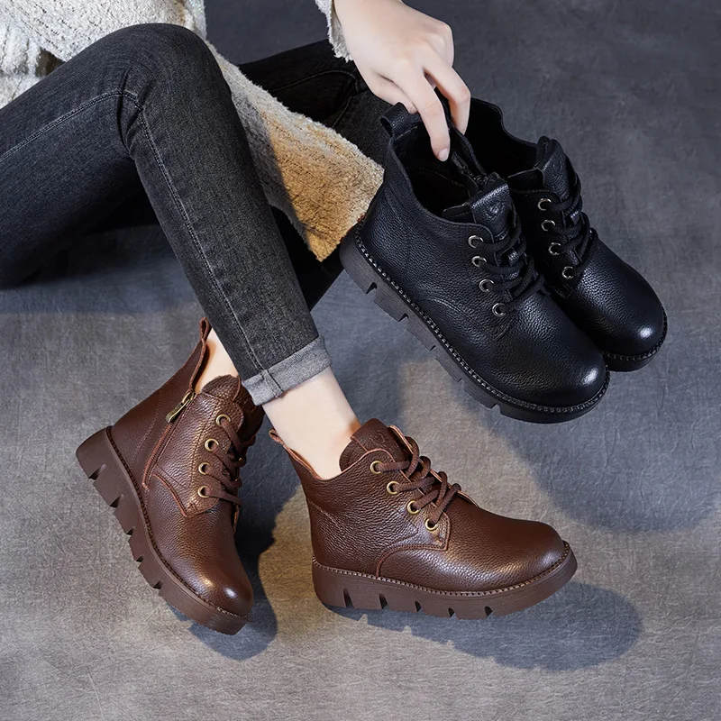 

High Quality Women Genuine Leather Boots Handmade Retro Style Flat Heel Ankle Boots for Women British Style Winter Warm Shoes