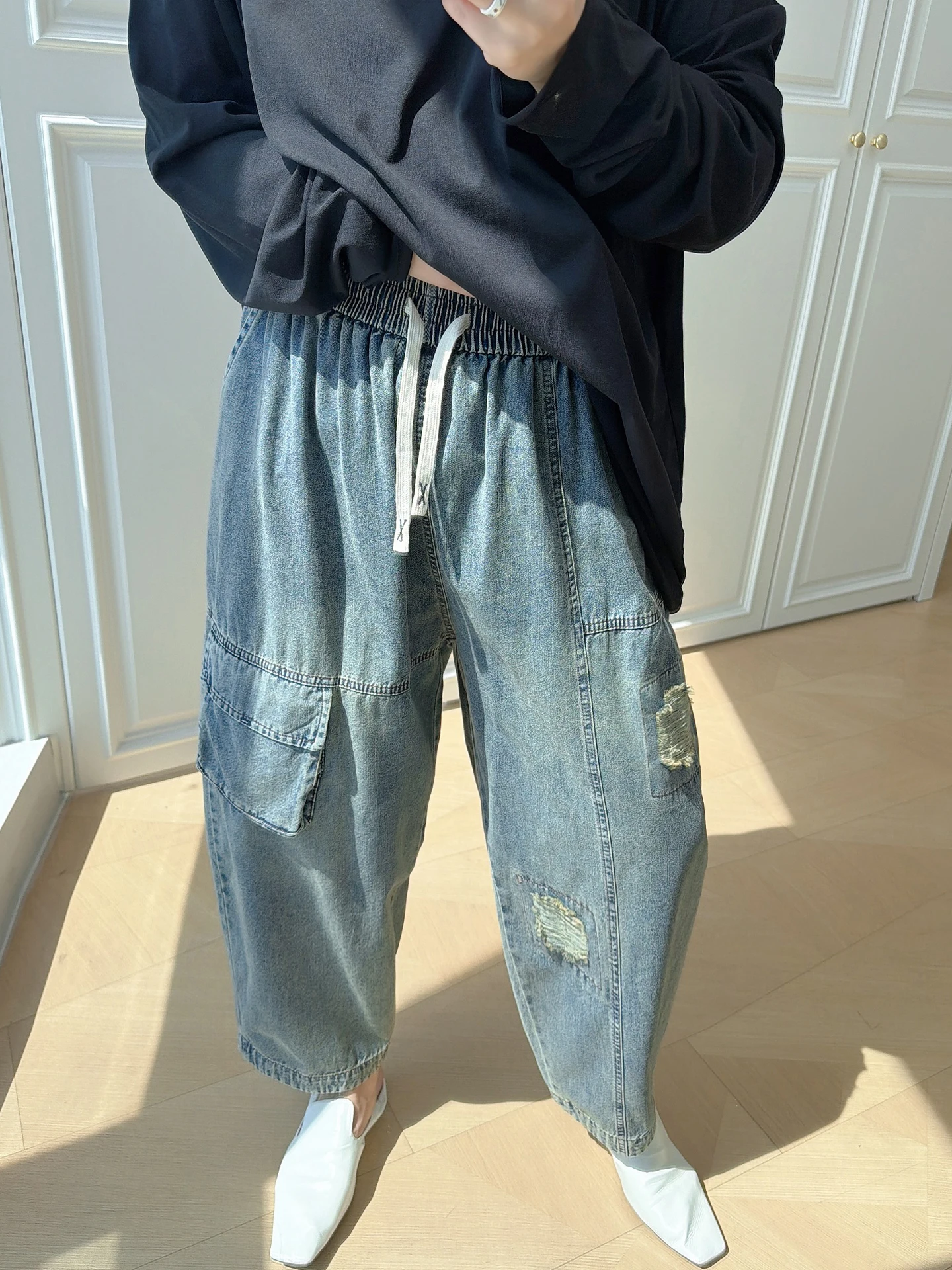 

Женские повседневные джинсовые брюки больших размеров с рваными элементами, высокой талией, прямым кроем, весенние, модные, свободные, стройнящие, с большими карманами, в стиле Харлан