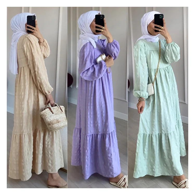 

New Arrival Plain Solid Loose Muslim Women Long Modest Maxi Dress Cotton Ramadan Islamic Clothing Dubai Party Evening Abayas