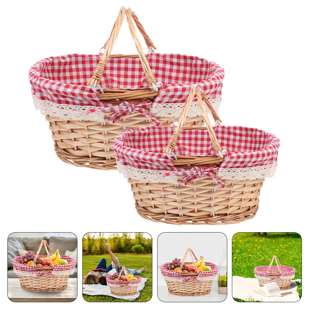 2 قطعة سلال نزهة منسوجة منظم تخزين من الخيزران المتين ديكور منزلي محمول حاوية خضروات فواكه لوازم يومية