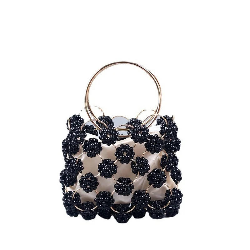 New Arrivals Handmade Black Ball Beaded Handbag Gold Metal Handle Elegant Women\'s Bag High Quality Hollow Out Evening Bag Clutch