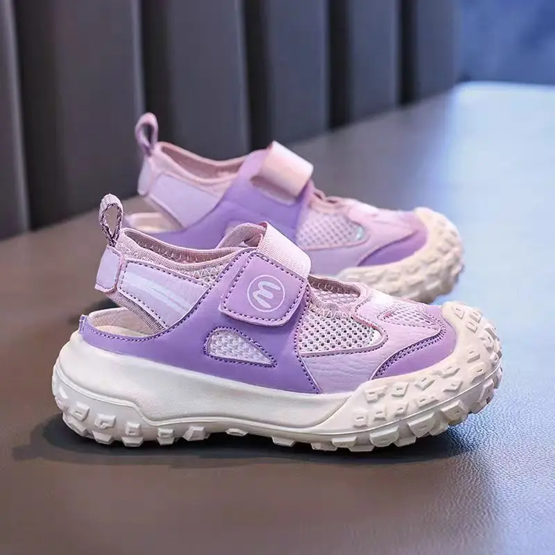 

Girl's New Baotou Hollow Out Casual Sports Sandals Summmer Mesh Breathable Velcro Cave Shoes Cuhk Children's Beach Sandals