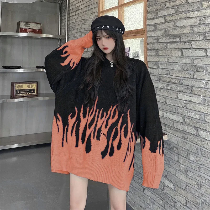 New Winter Autumn Sweater Women Men Casual Long Sleeve Blue Flame Oversized Pullover Sweater Loose Boyfriend Pullovers