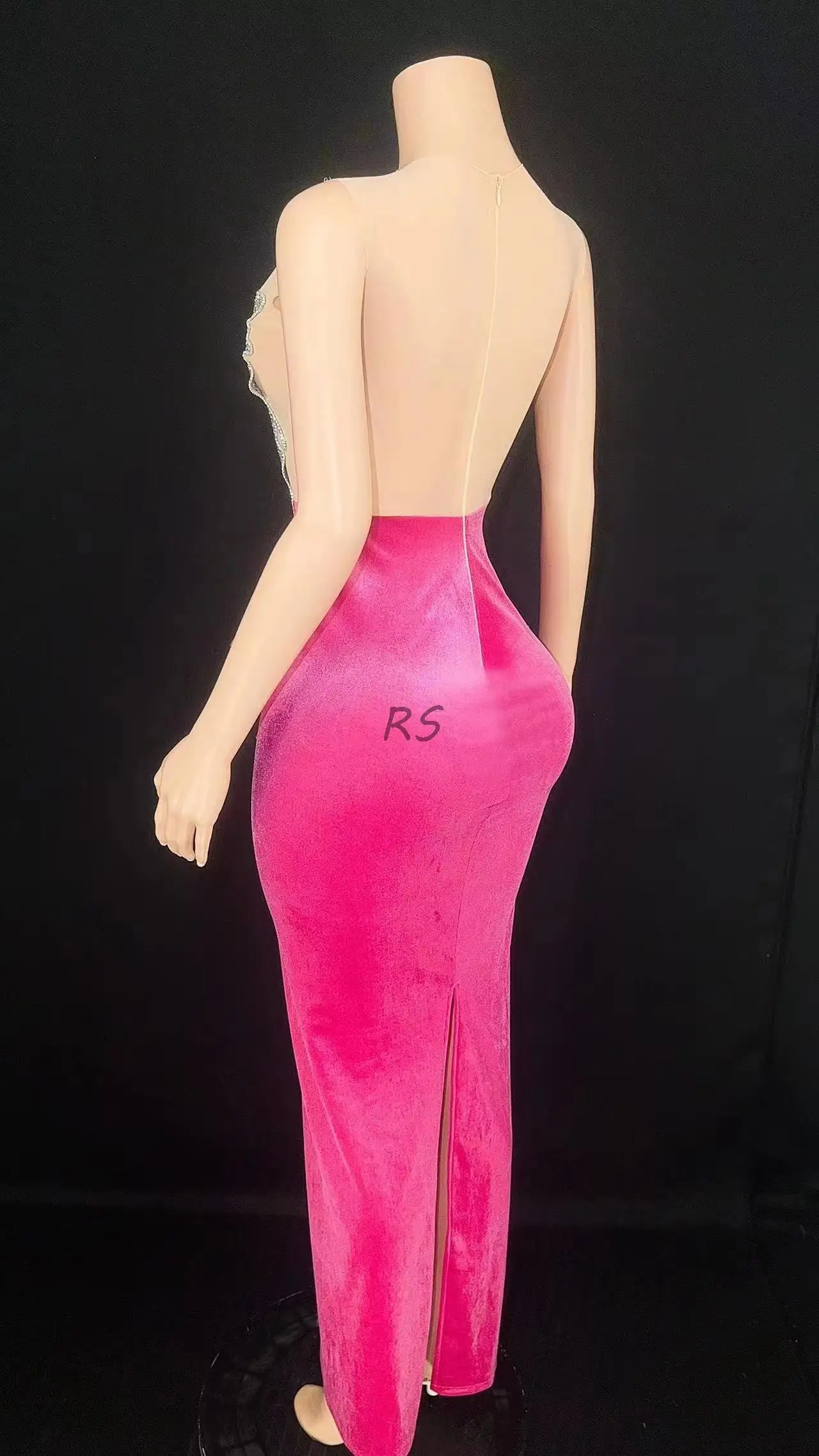 Women Pink Velvet Sexy See Through Shiny Diamonds Evening Dress