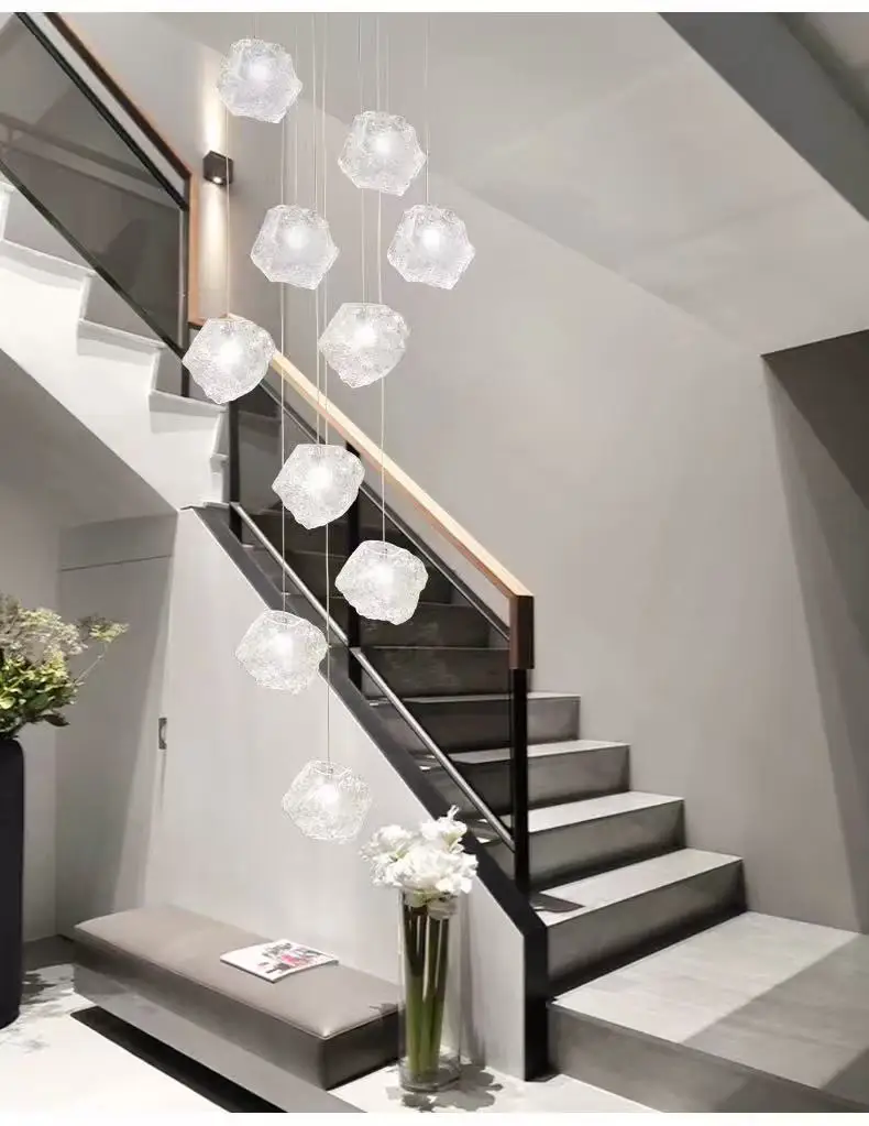

Minimalist luxury Transparent Irregular Rock Glass LED chandelier lustre Ceiling high-rise living room staircase lighting Dimmab