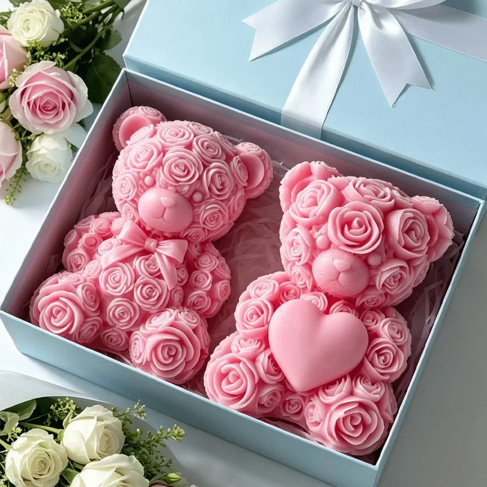 2-teilige Silikonform „Rosen-Teddybär“ mit Fliege für DIY-Seifen, Harzornamente und Jubiläums-Gastgeschenke – Detail 1