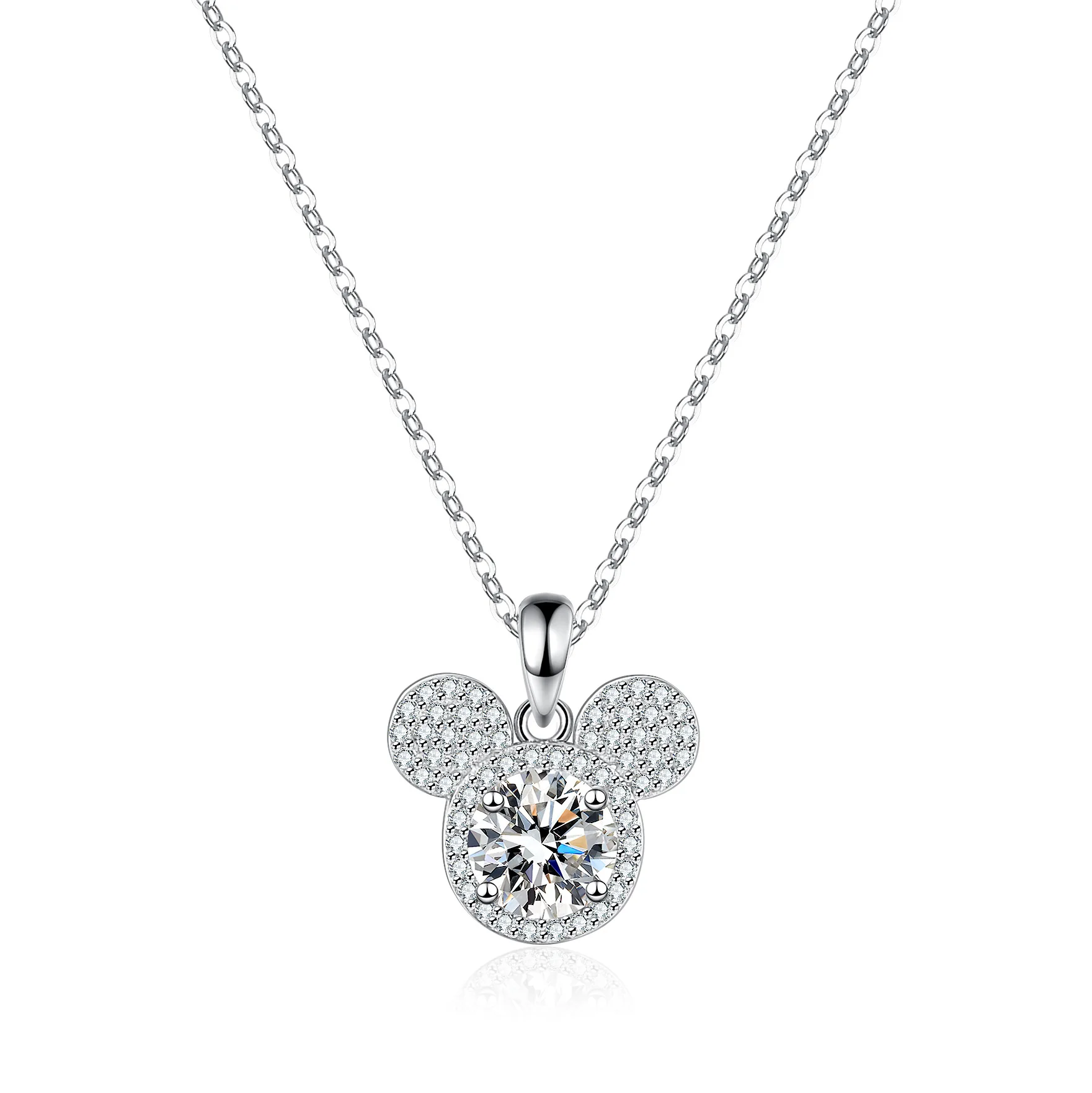 925 Sterling Silver Mouse Head Shape Pendant Necklace D VVS1 Round Cut Moissanite Halo Charm Necklace For Women