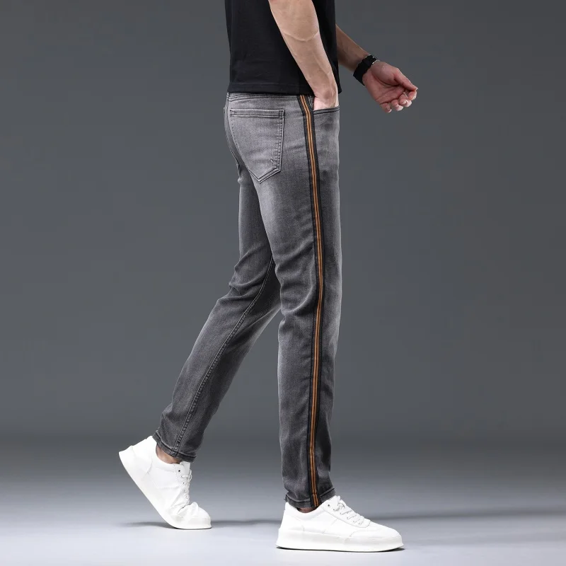 Sports Line Design Gray Jeans Men's Stylish Simple and Versatile Street Straight Slim Fit Stretch Feet Pants