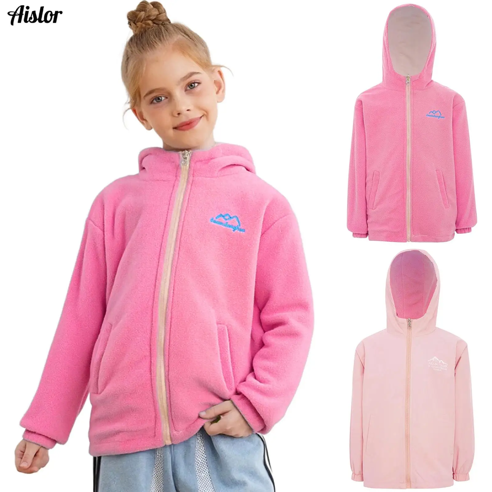 

Kids Girls Reversible Hooded Jacket Water-Resistant/Soft Fleece Coat Casual Clothes Long Sleeves Zip-Up Outerwear with Pockets
