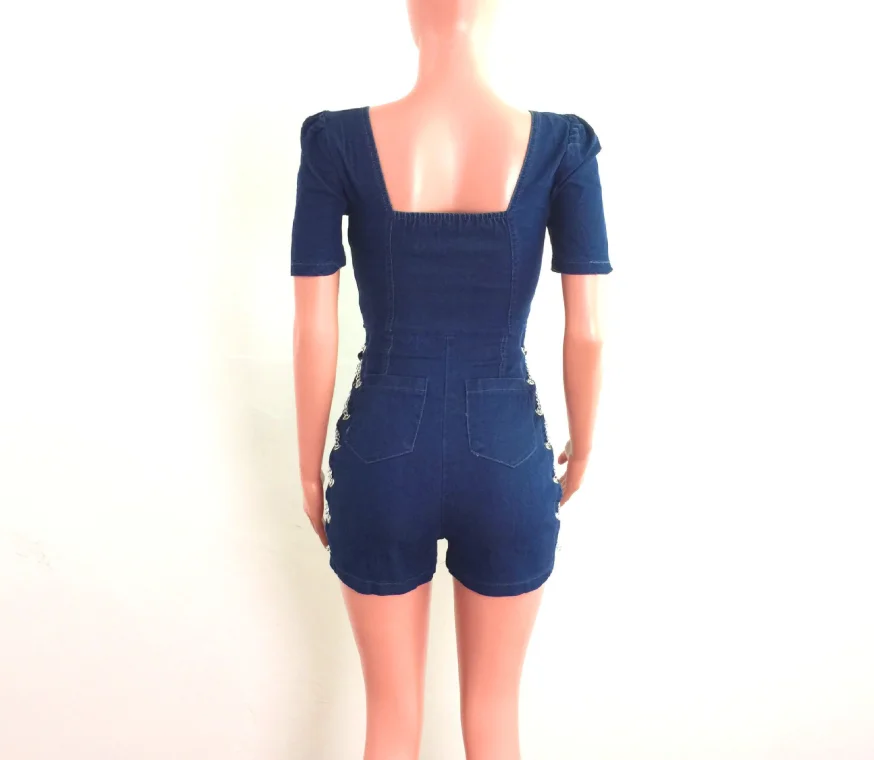 جمبسوت حريمي موضة ربيع 2026 جديد بسلسلة جانبية تصميم مفرغ وياقة مربعة وأكمام منتفخة نصف سحاب رومبير من قماش الدنيم بدون ظهر #6