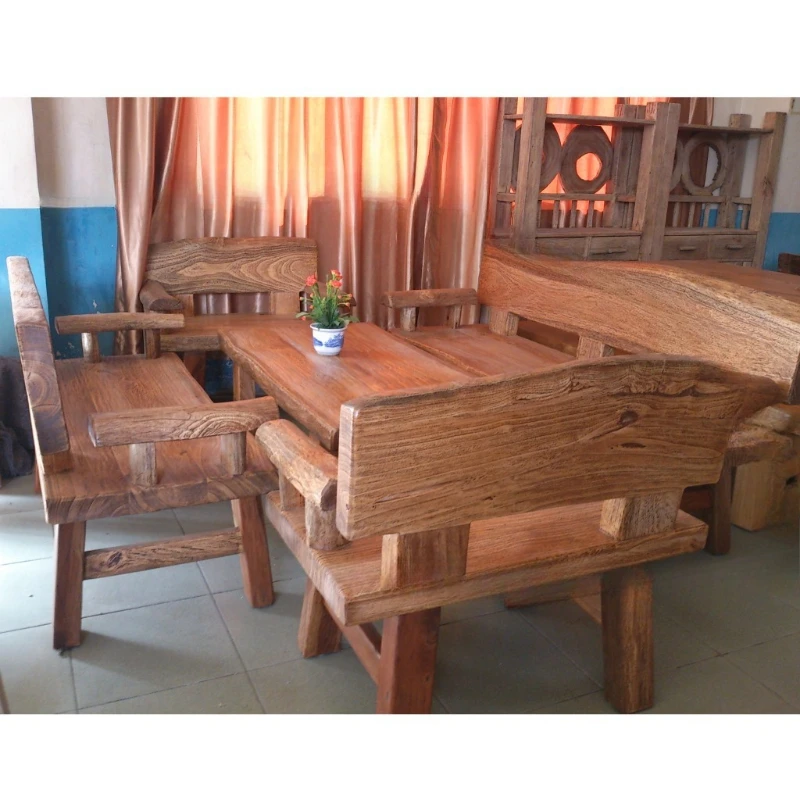 Móveis de madeira de cânfora, combinação de mesa de centro de sofá de madeira maciça, cadeira traseira simples