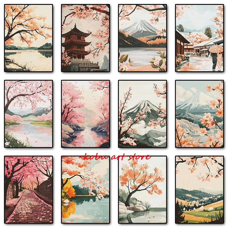 Japanese Cherry Blossom Mountain Lake Poster Print Pink Flower Landscape Canvas Painting Wall Art Picture for Room Home Decor