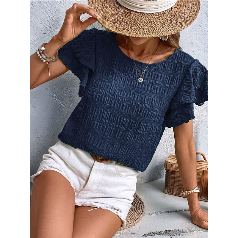 【SEE】สตรีฤดูร้อนเสื้อ Ruffle แขนสั้น Crewneck เสื้อ Textured สุภาพสตรี Elegant เสื้อธุรกิจ Dressy Casual