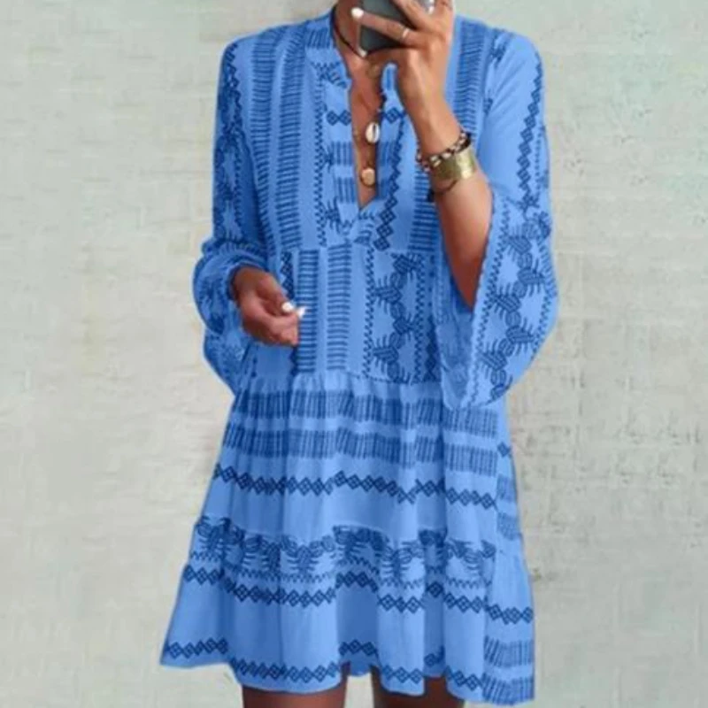 Boho Beach Cover Up Dress with Flared Bell Sleeves Mandarin Collar and Patchwork Design for Women Summer Vacation Resort Wear