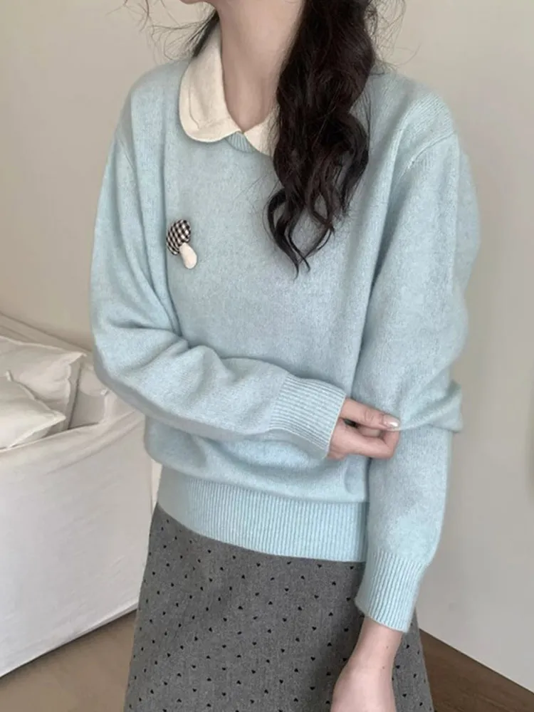 سترة Laid-ba الكورية Sle للتخسيس طويلة Sve بياقة الدمية سترة محبوكة قابلة للتنقل كاجوال متعددة الاستخدامات للتنقل العلوي والرياح