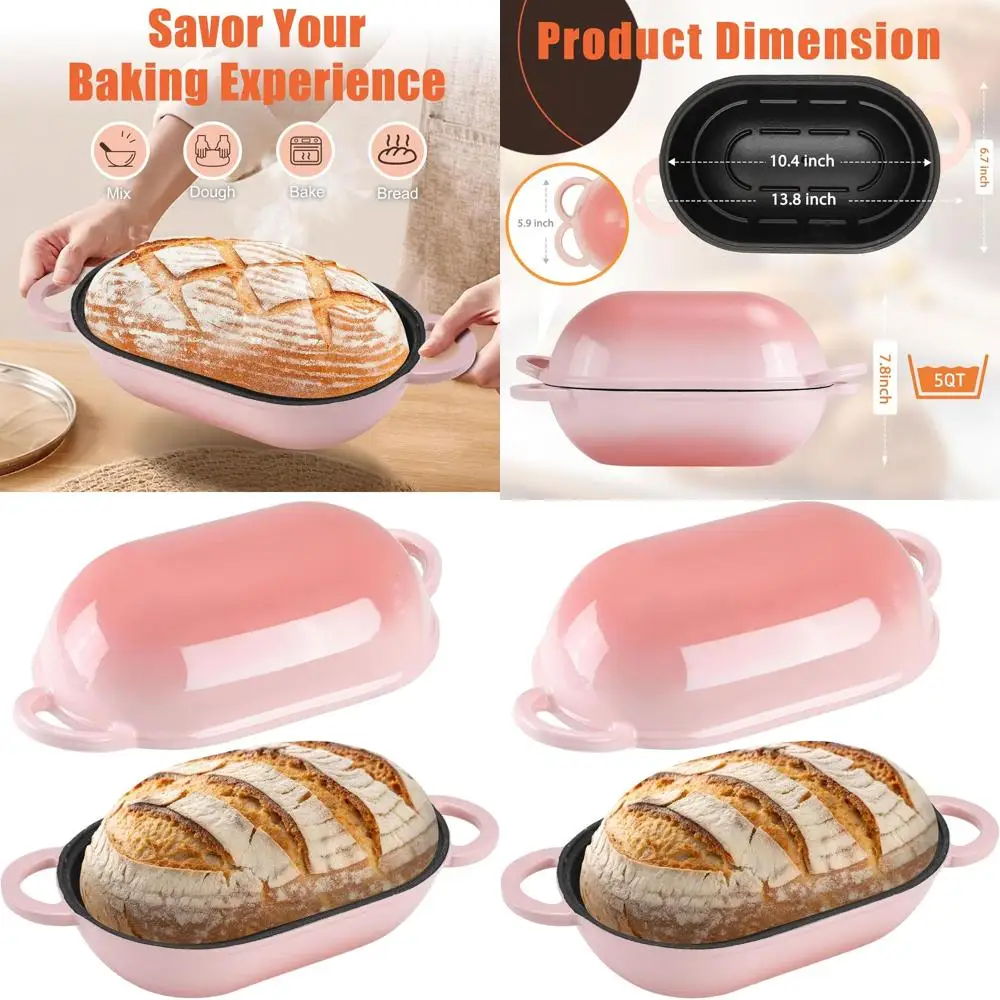 

5-Quart Gradient Pink Cast Iron Sourdough Bread Pan with Lid, Perfect for Homemade Oval Dutch Oven Baking