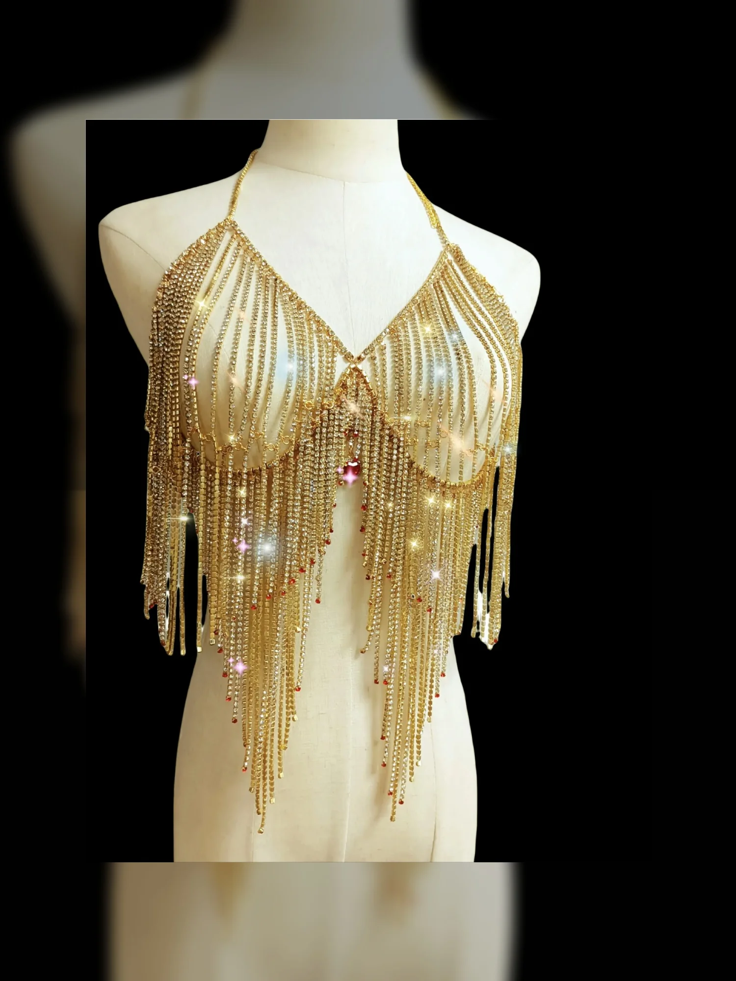 Woman Body Jewelry Crystal Sexy Bikini Grid Bra Chain Love Type Tassel  Night Club Birthday Party Fashion Chest Chain Body Chain