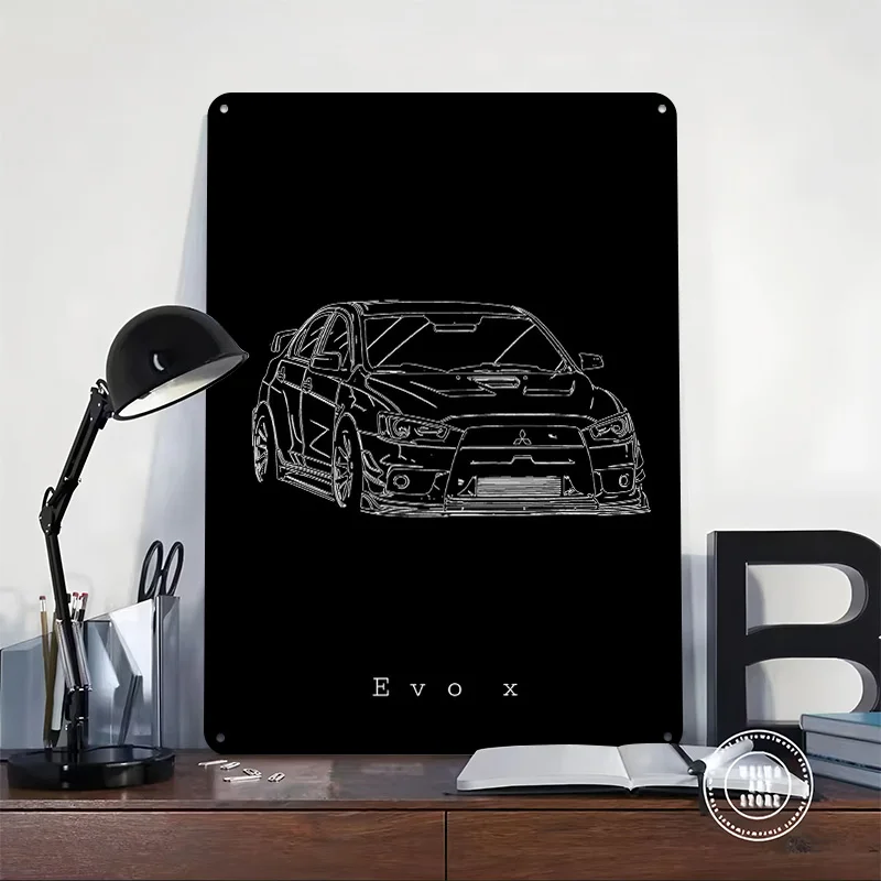 Sports Car Lancer Evolution X Line Art Printed Poster Customized Wall Art Retro Vintage Metal Tin Signs for Garage Coffee Bar