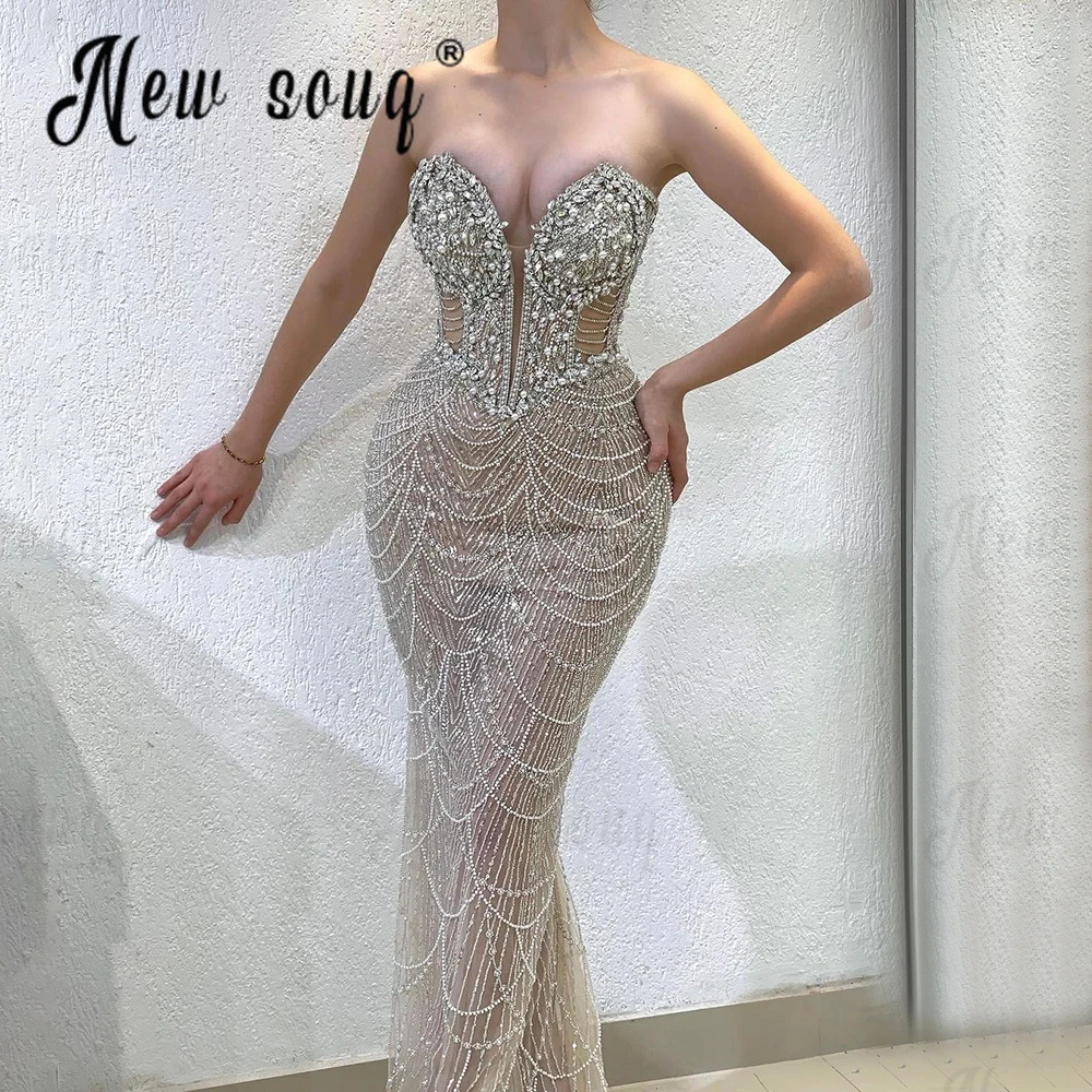 Luxury Champagne Strapless Evening Dresses Vestidos De Fiestas Elegantes Mujer Beading Wedding Party Dress Prom Dresses 2024