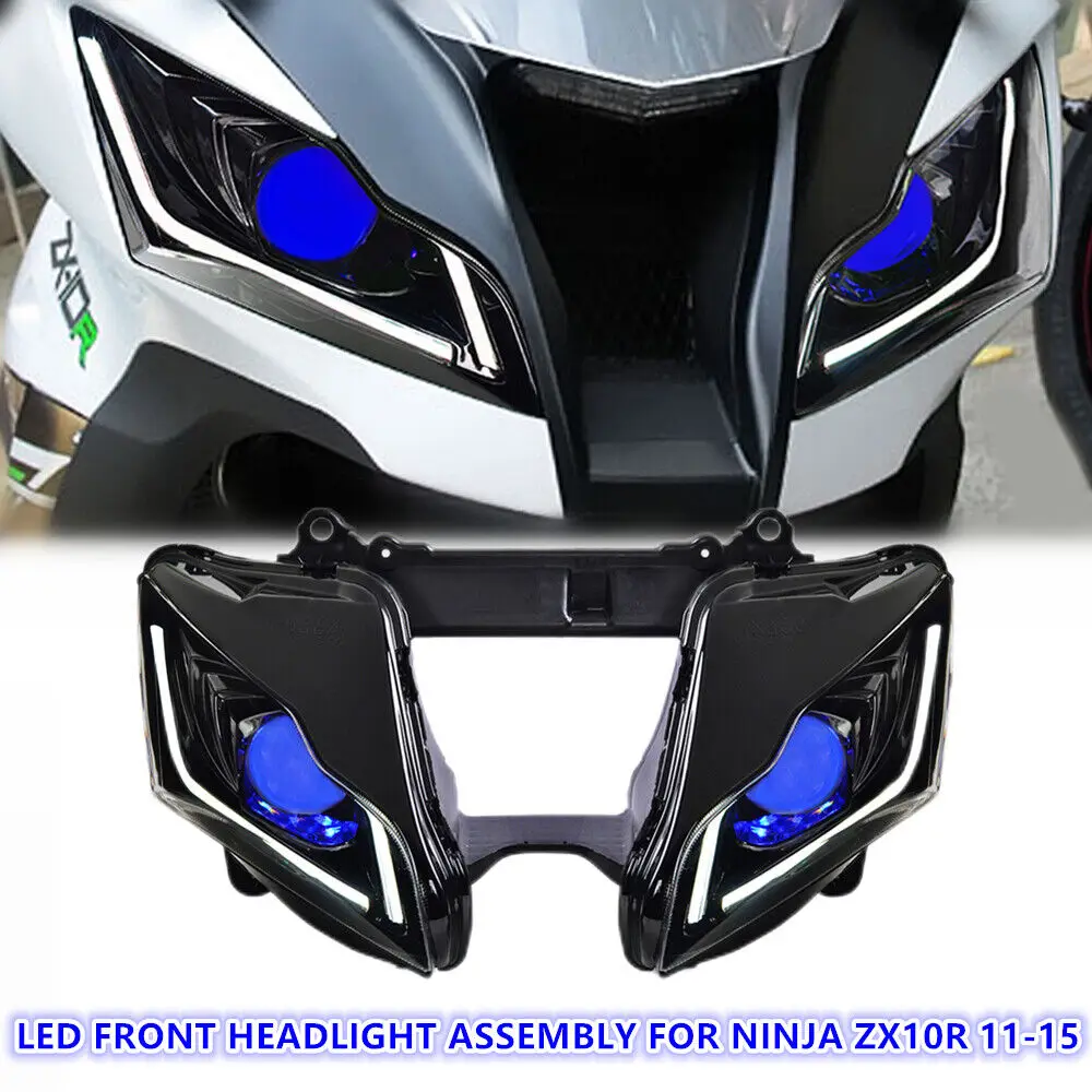 

1X Full LED Front Headlight Assembly For Kawasaki Ninja ZX10R ZX 10R 2011-2015 Optical Fiber Motorcycle DRL Headlamp US STOCK