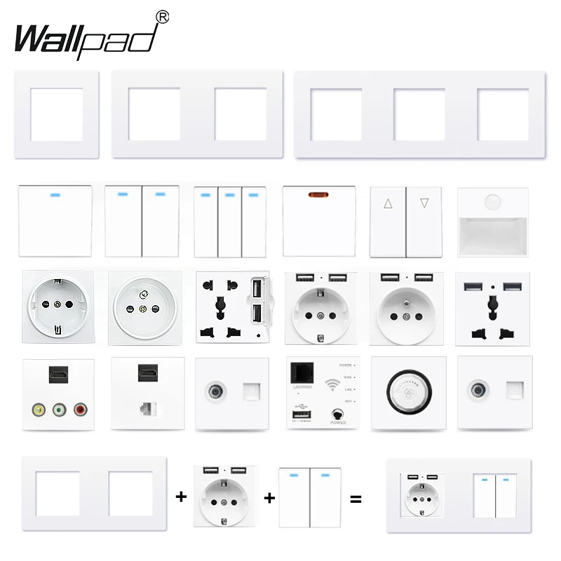 Wallpad 1/2/3Gang with LED 1/2Way Mechanical Button Switch Part Wall Socket Outlet Function Key DIY Plastic Frame Part White