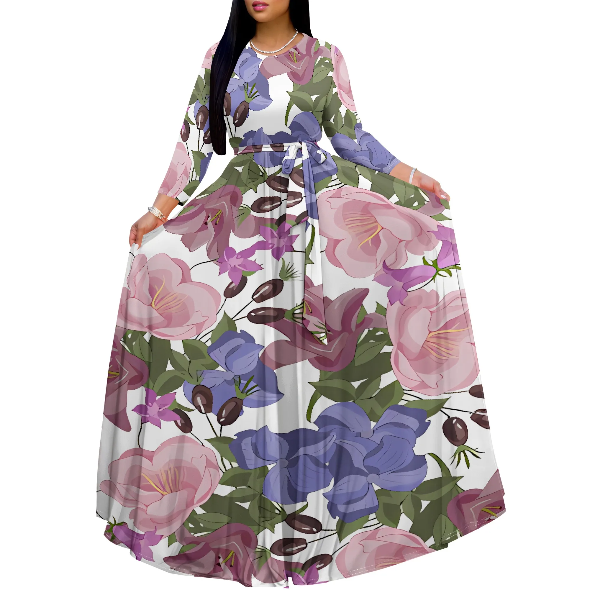 Robe longue beige avec fleurs pastel surdimensionnées, manches longues, style élégant pour femmes, look invité de mariage