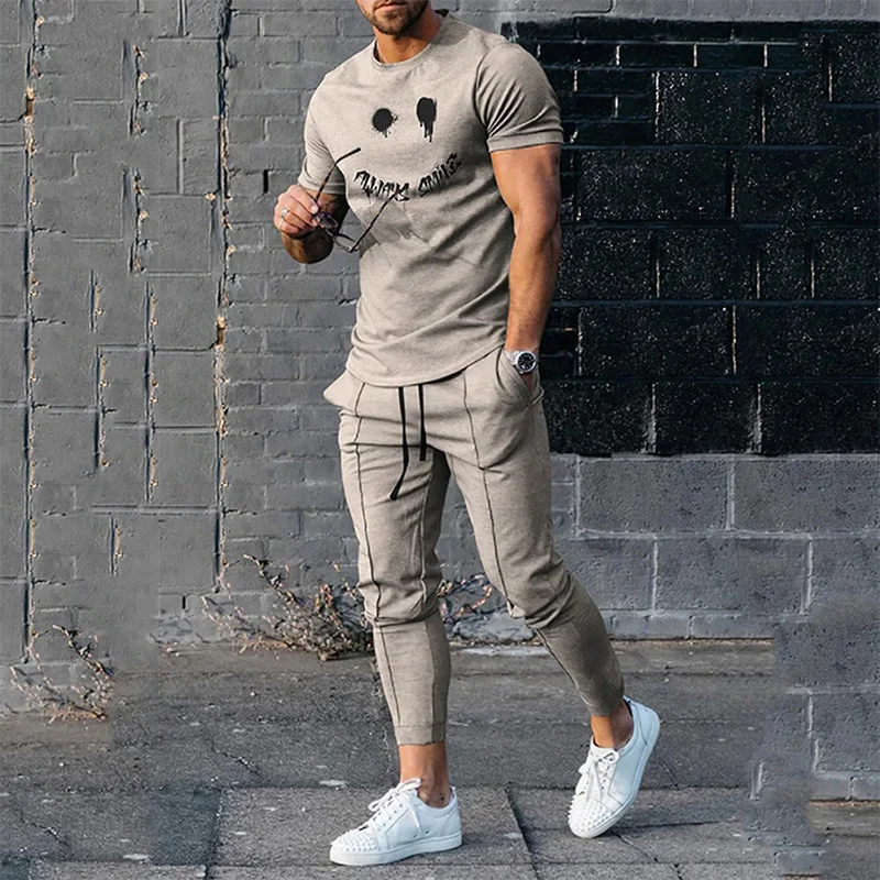 2023 Men\'s Summer Tracksuit 2 Pieces Lattice Printing T-Shirt+Trousers Set Casual Jogging Suit Fashion Male Oversized Streetwear