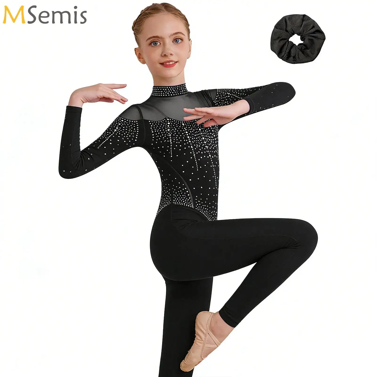 

Kids Girls Ballet Dance Suit Shiny Rhinestones Gymnastics Jumpsuit with Hair Band Figure Skating Costume Mesh Ballet Dancewear