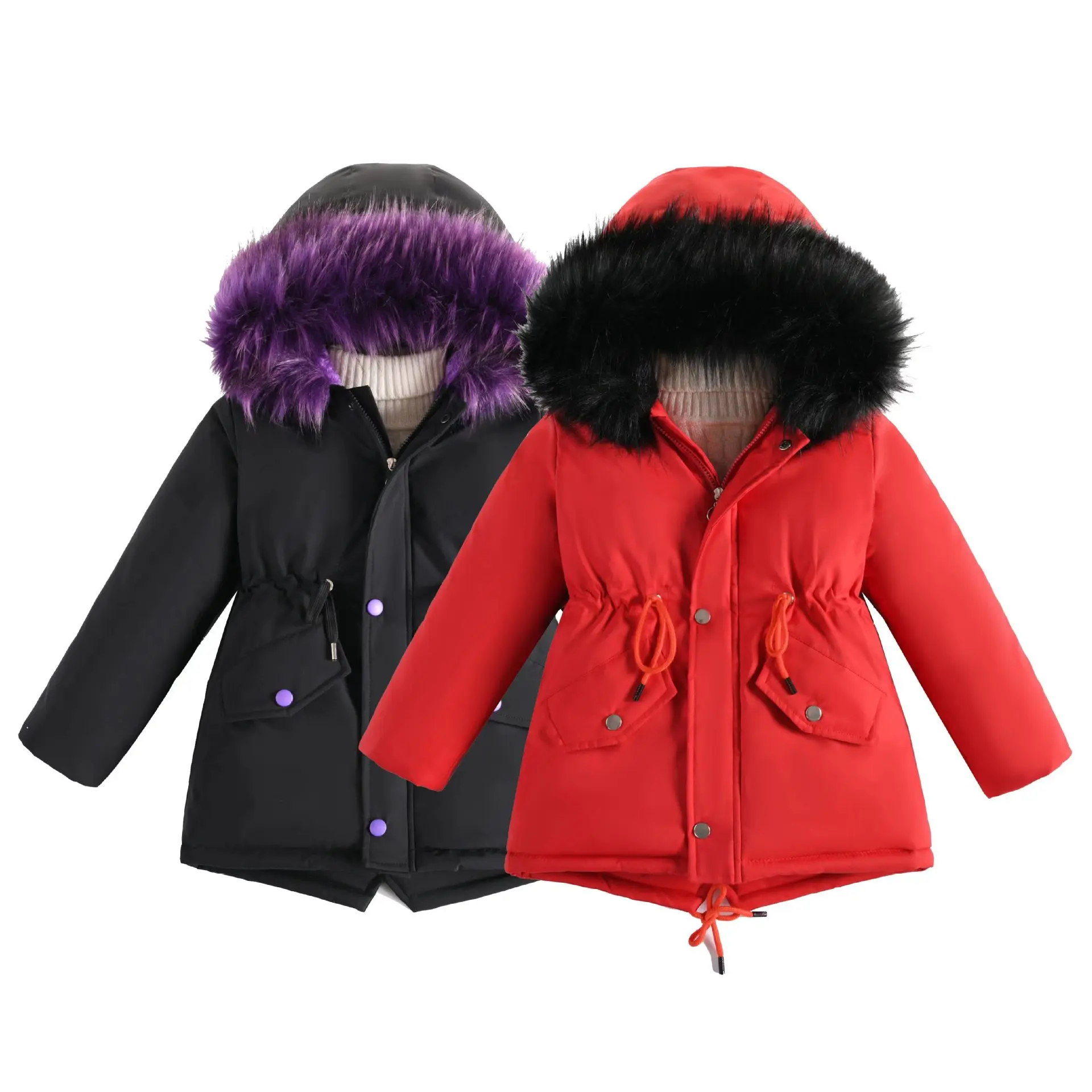 Winter Girls' New Collection Waist Solid Color Big Fur Collar with Thick Velvet Fashionable Windproof and Warm Jacket