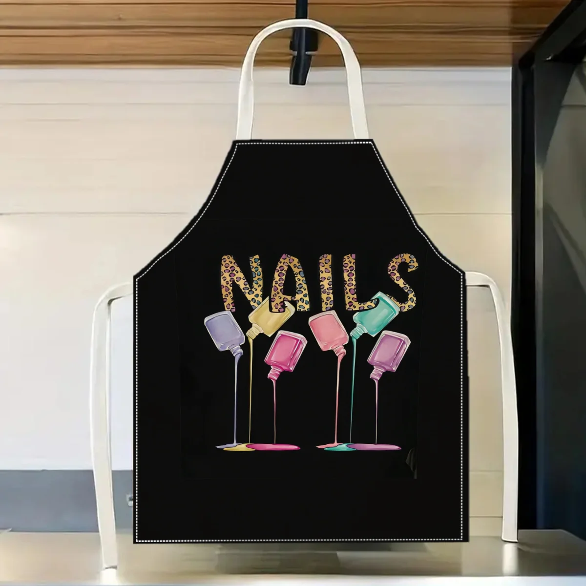 1pc Black Leopard Nail Polish Apron Linen Kitchen Cooking Baking Beauty Salon Gift For Her Women Girls